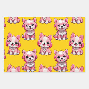Pink Cute Dogs - Yellow Wrapping Paper Sheet