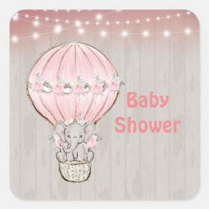 Pink Cute Elephant Hot Air Balloon Baby Shower  Sq Square Sticker