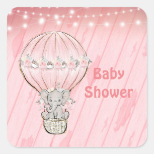 Pink Cute Elephant Hot Air Balloon Baby Shower  Square Sticker
