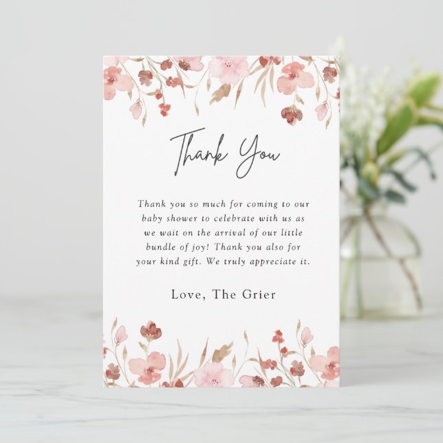 Pink Cute Floral Baby Shower Thank You Card (Standing Front)