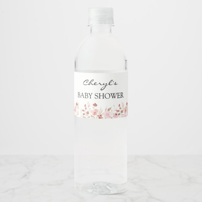 Pink Cute Floral Baby Shower Water Bottle Label (Front)