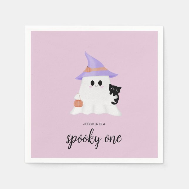 Pink Cute Ghost Halloween 1st Birthday Party Napkin (Front)