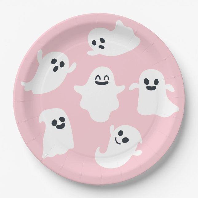 Pink Cute Ghost Halloween Fall Baby Shower Paper Plate (Front)