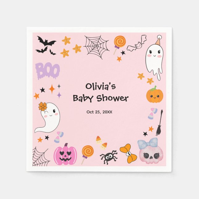 Pink Cute Ghost Little Boo Halloween Baby Shower Napkin (Front)