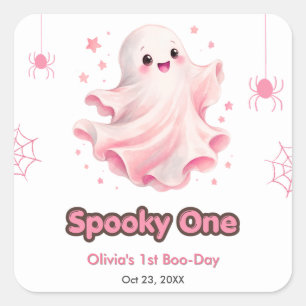 Pink Cute Ghost Spooky One Halloween 1st Birthday Square Sticker