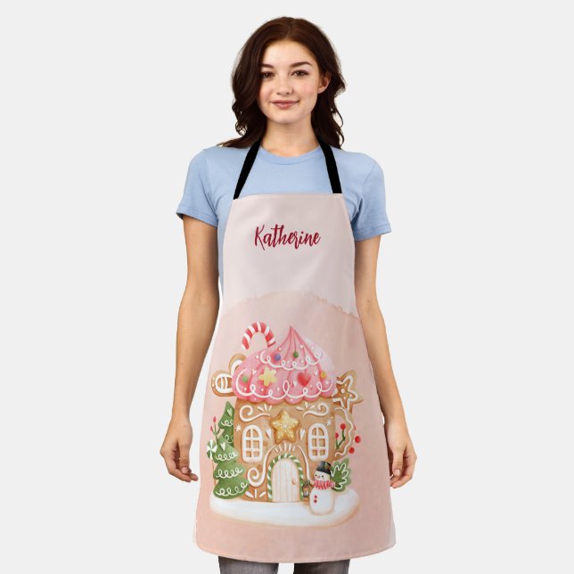 Pink Cute Gingerbread House Xmas Holiday  Apron (Worn)