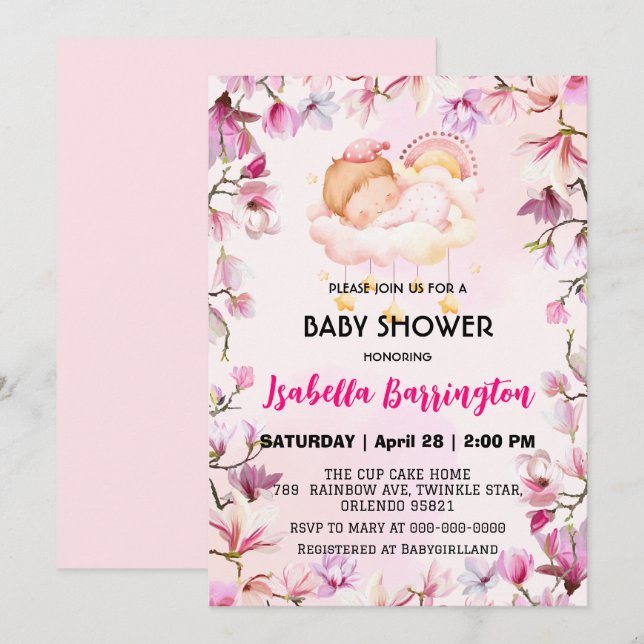 Pink Cute girl sweet dream flower baby shower kids Invitation (Front/Back)