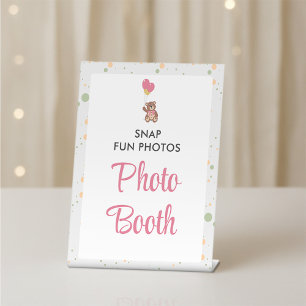 Pink Cute Girl Teddy Bear Baby Shower Photo Booth Pedestal Sign
