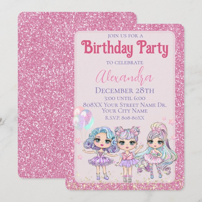 Pink Cute Glitter Dolls Girl's Birthday Party Invitation (Front/Back)