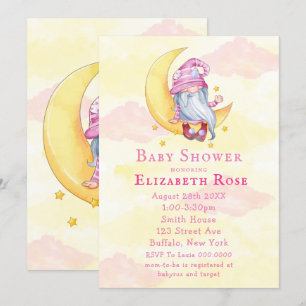 Pink Cute Gnome Moon Cloud Baby Shower Invitations