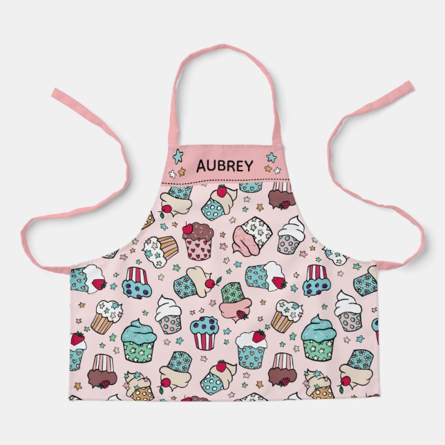 Pink Cute Hand Drawn Cupcake Pattern Add Name Apron (Front)