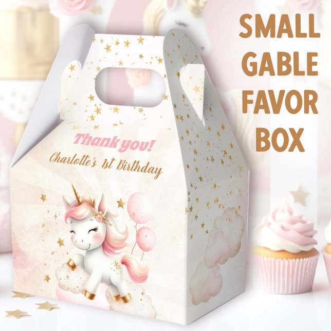 Pink Cute Happy Unicorn Girl 1st Birthday Favour Box (Cute Unicorn Small Gable Favor Boxes - You can choose from 3 sizes of these gable favor boxes)