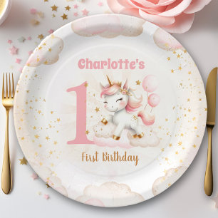 Pink Cute Happy Unicorn Girl 1st Birthday Paper Plate
