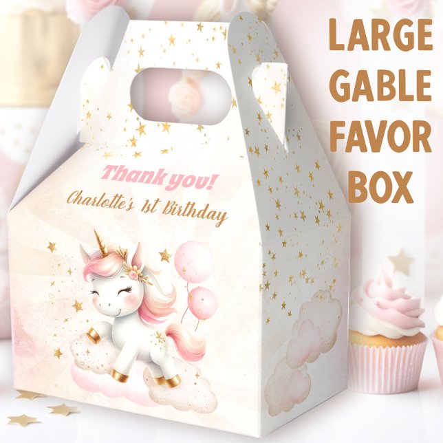 Pink Cute Happy Unicorn Girl Birthday Large Favour Box (Cute Unicorn Large Gable Favor Boxes - You can choose from 3 sizes of these gable favor boxes)