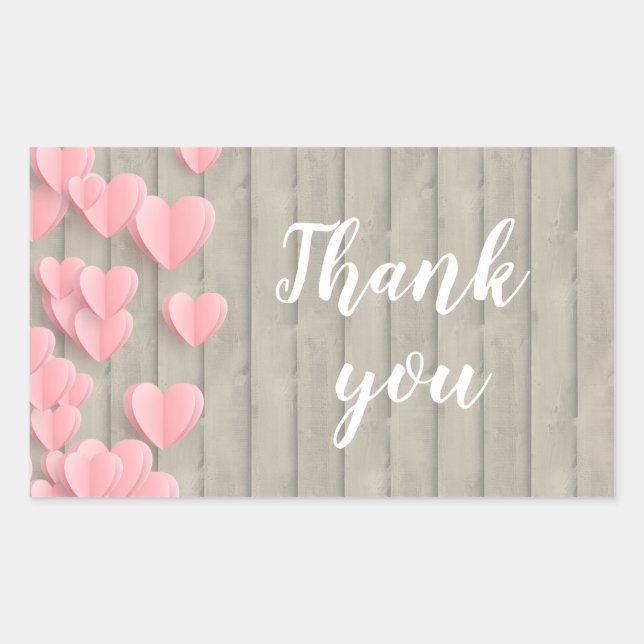 Pink Cute Hearts On A Barn Wood Thank You Rectangular Sticker (Front)