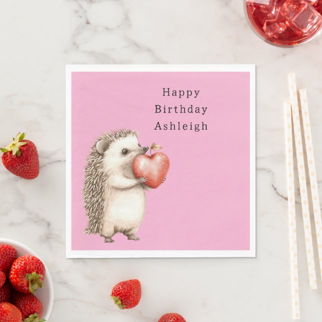Pink Cute Hedgehog Heart Animal Birthday Napkin (Insitu)