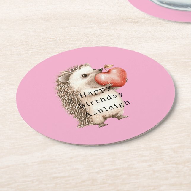 Pink Cute Hedgehog Heart Animal Birthday Round Paper Coaster (Angled)