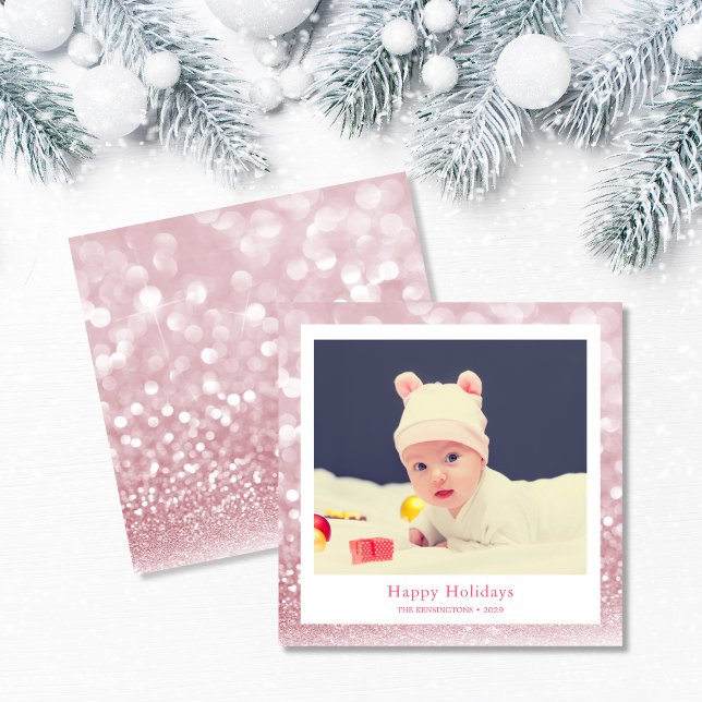 Pink Cute Holiday Baby Photo Card (Baby Girl’s First Christmas Square Photo Card)