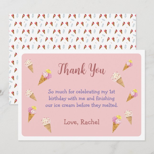 Pink Cute Ice Cream Cone Party Girl Birthday Thank You Card (Front/Back)