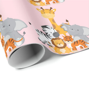 Pink Cute Jungle Baby Animal Wrapping Paper