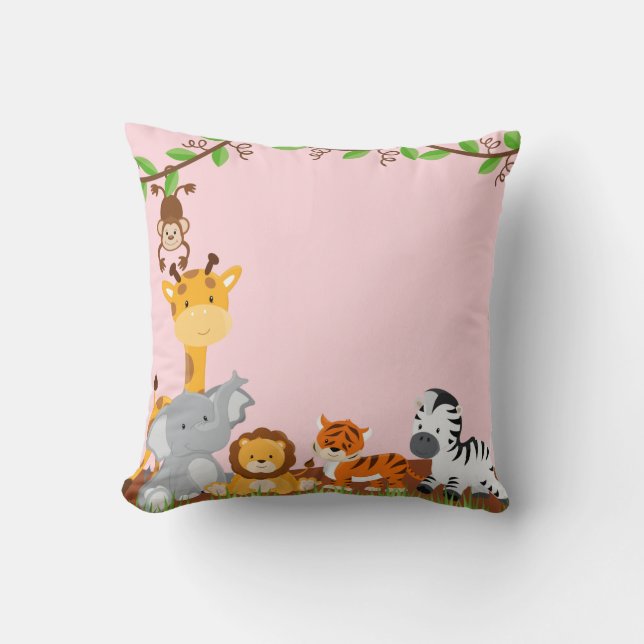 Pink Cute Jungle Baby Animals Pillow (Front)
