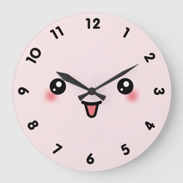 Pink Cute Kawaii Face Large Clock (Front)