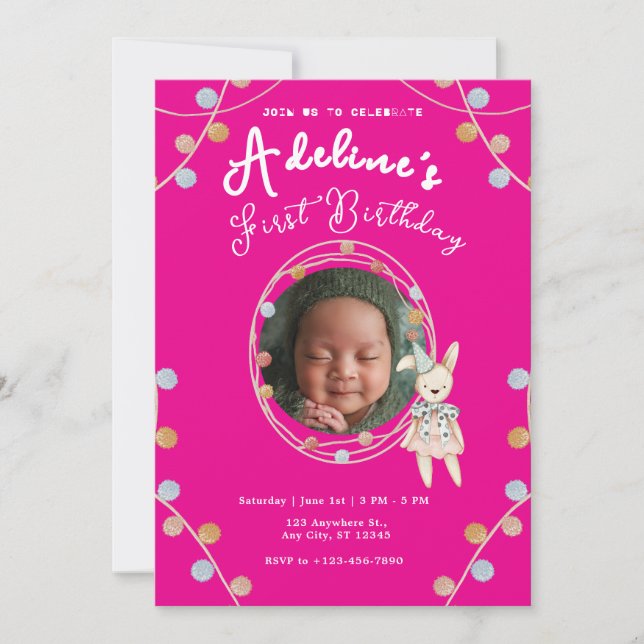 Pink cute kids birthday invitation (Front)