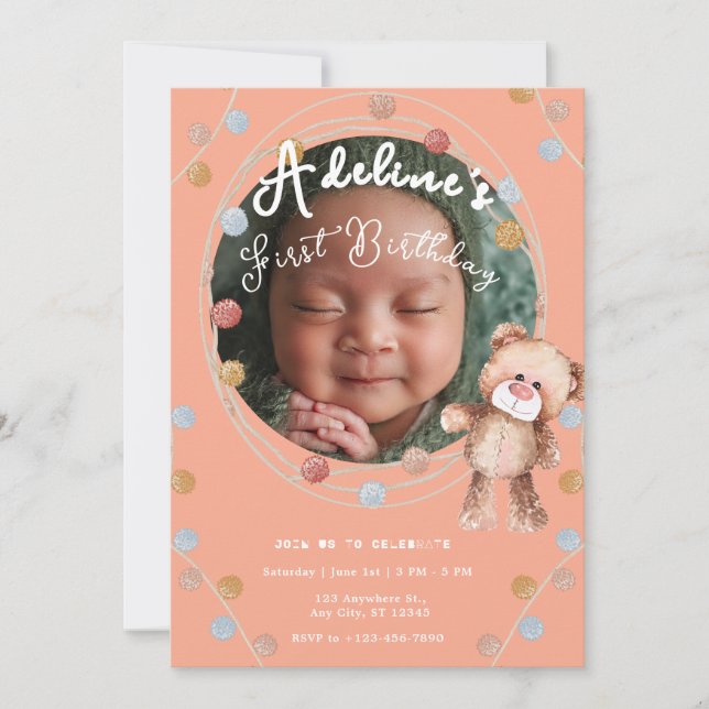 Pink cute kids birthday invitation (Front)