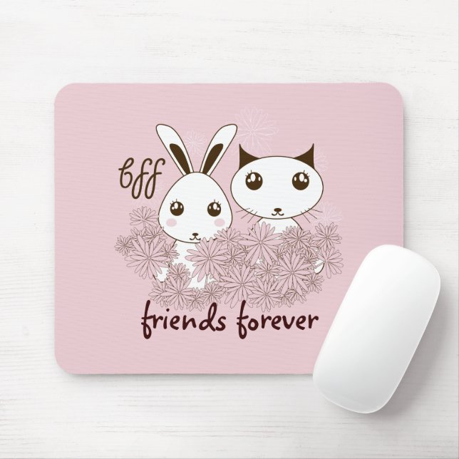 Pink Cute Kitten Bunny Animal Friends Girls Kids Mouse Mat (With Mouse)