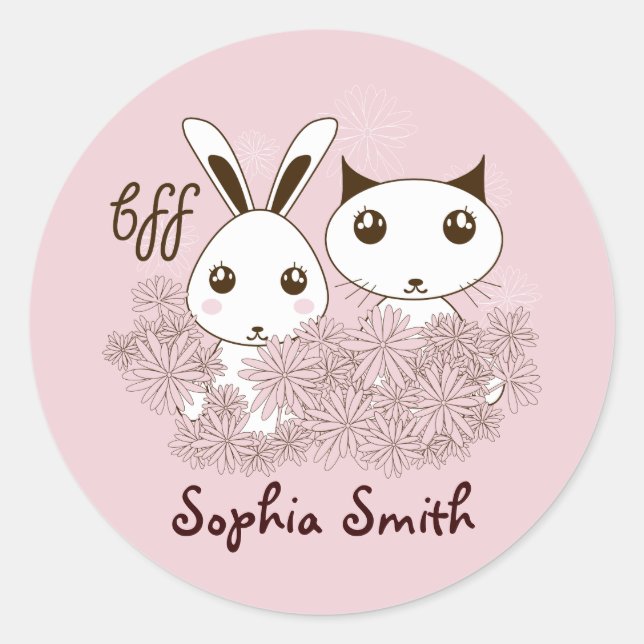Pink Cute Kitten Bunny Animal Friends Kids Name Classic Round Sticker (Front)