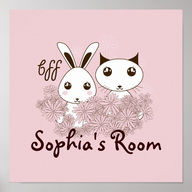 Pink Cute Kitten Bunny Animal Friends Kids Room Poster (Front)