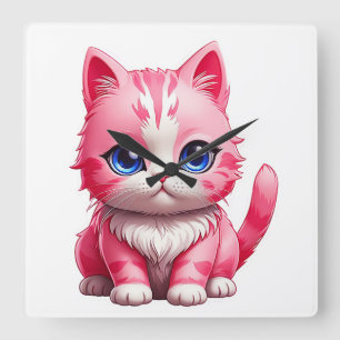 Pink Cute Kitty Cat Square Wall Clock