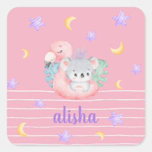 Pink Cute Koala Kids Personalised Name Square Sticker