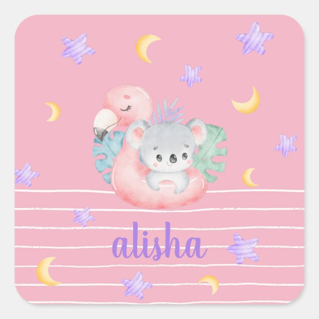 Pink Cute Koala Kids Personalised Name Square Sticker (Front)