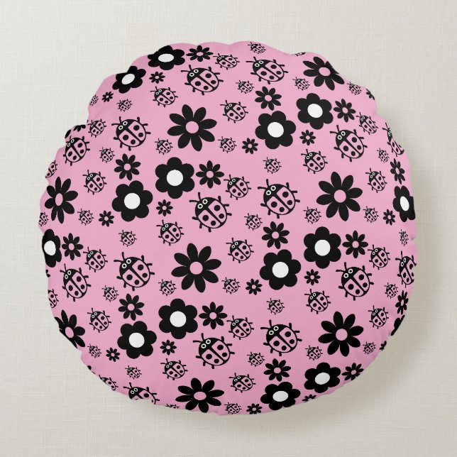 Pink Cute Ladybug Kids Round Cushion (Front)
