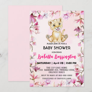 Pink Cute Lion cub wild flowers baby shower kids Invitation