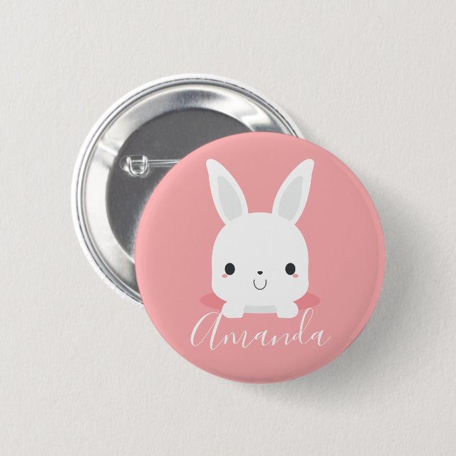 Pink Cute Little Bunny Rabbit with Custom Name 6 Cm Round Badge (Front & Back)