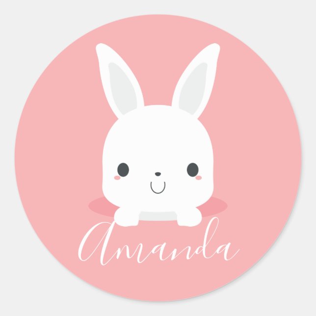 Pink Cute Little Bunny Rabbit with Custom Name Classic Round Sticker (Front)