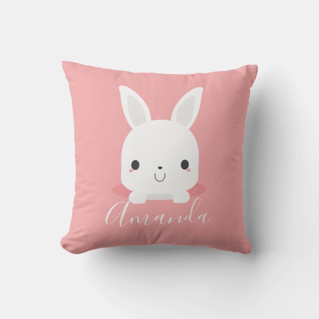 Pink Cute Little Bunny Rabbit with Custom Name Cushion (Front)