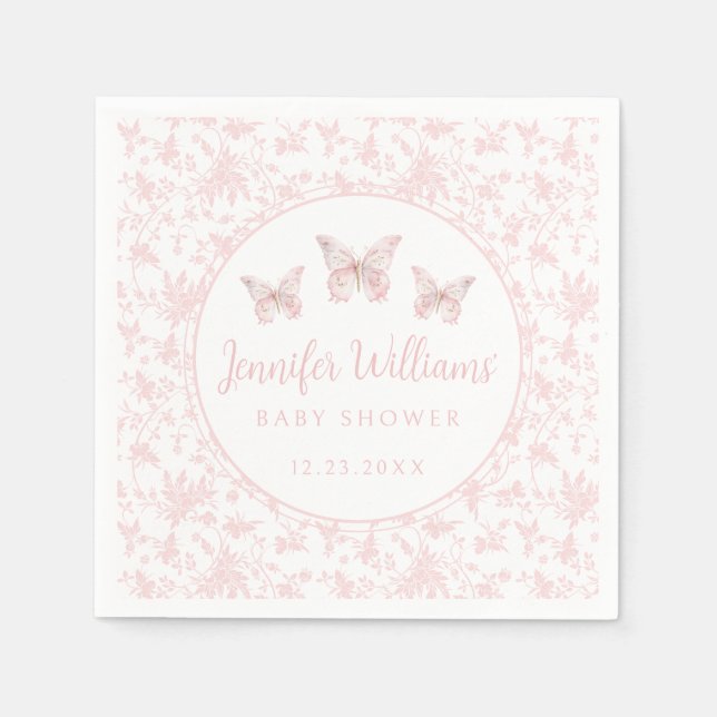 Pink cute little butterfly baby girl shower paper napkin (Front)