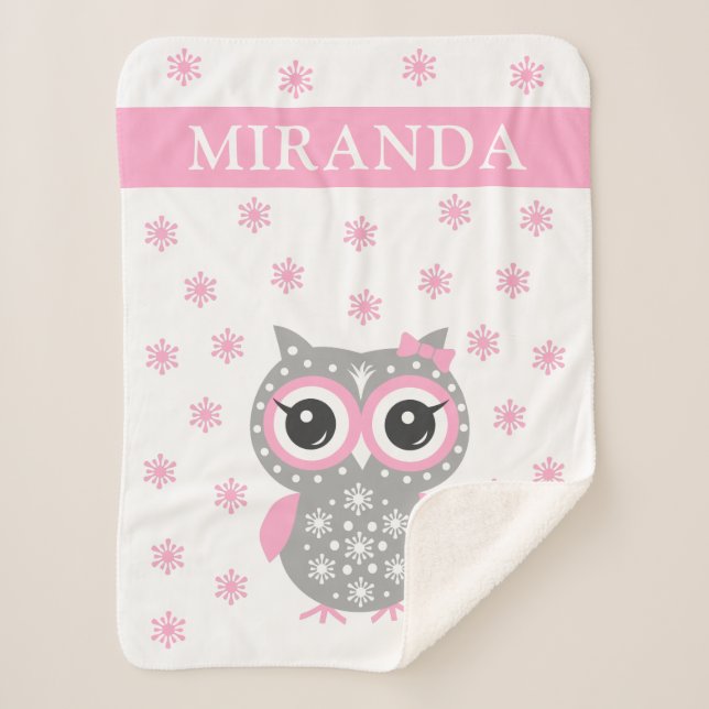 Pink Cute Little Owl Baby Girl Sherpa Blanket (Front)