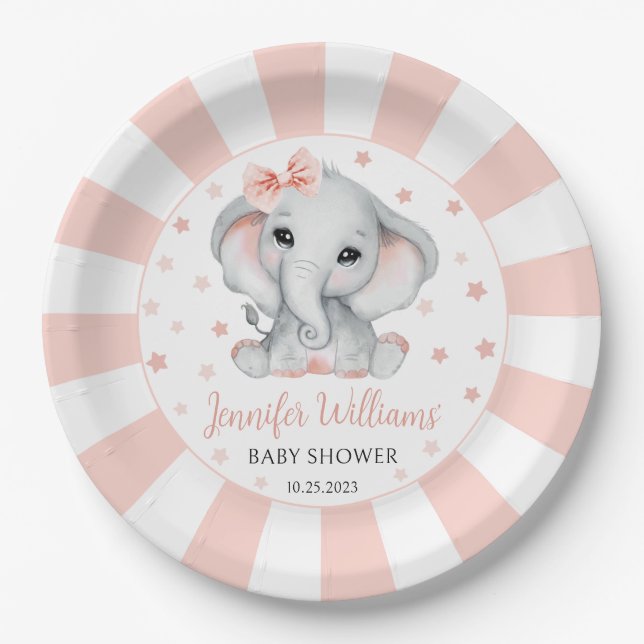 Pink cute little peanut elephant baby shower paper plate (Front)