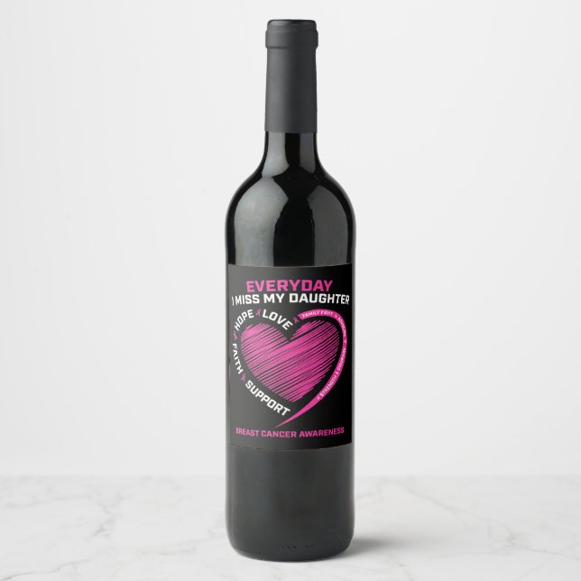 Pink Cute Loving Memory Daughter Breast Cancer Awa Wine Label (Front)