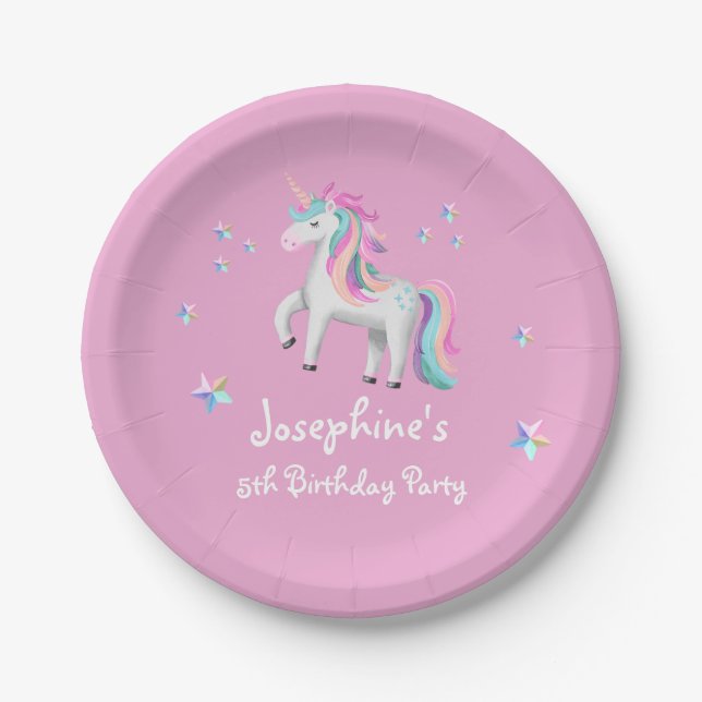 Pink Cute Magical Unicorn Kids' Birthday Paper Plate (Front)