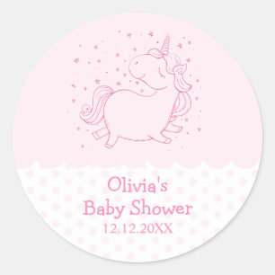 Pink Cute Modern Polka Dot Unicorn Baby Shower  Classic Round Sticker