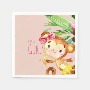 Pink Cute Monkey Baby Girl Announcement Napkin