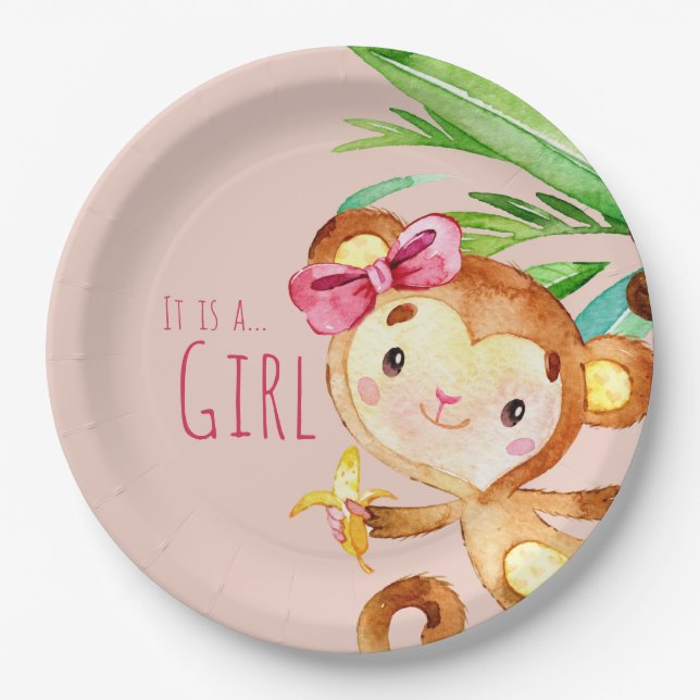 Pink Cute Monkey Baby Girl Announcement  Paper Plate (Front)