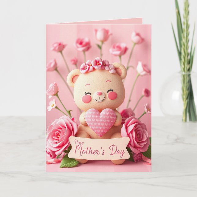Pink & Cute Mother's Day Teddy Bear Holiday Card (Front)