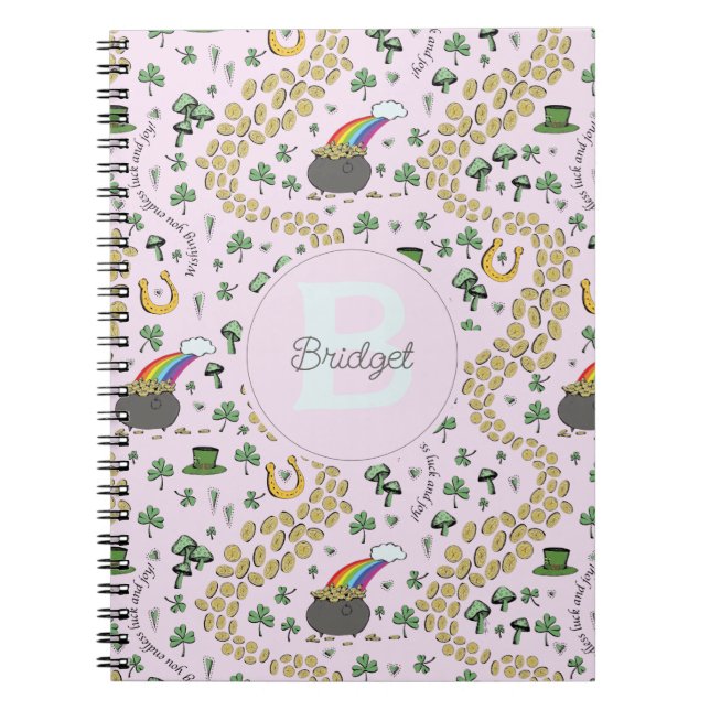 Pink Cute n' Curvy St Patricks Day Shamrocks Name Notebook (Front)