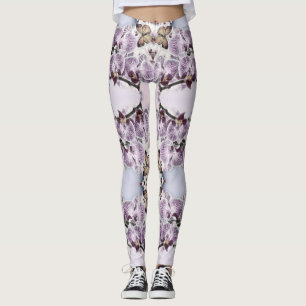 Pink cute orchid flowers and butterfly drawing  leggings